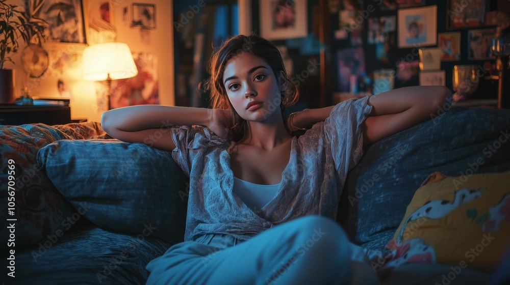 Obraz premium A photo of a 30ish woman on a couch in her room, looking at the camera 