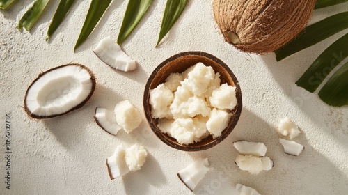 Aesthetic arrangement of shea butter and coconut against a visually pleasing backdrop highlighting natural skincare ingredients photo