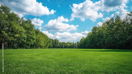 Green Meadow Among Trees Under Sky With White Clouds