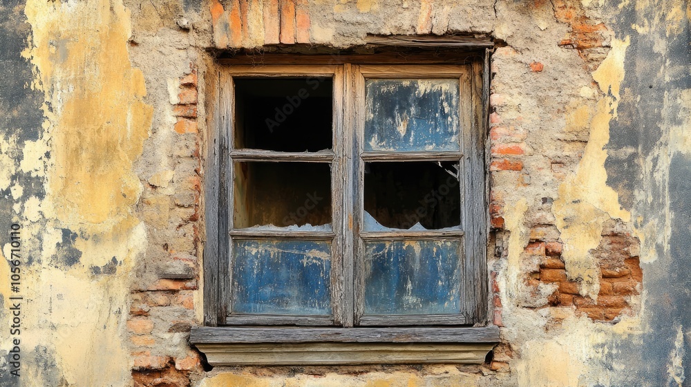 Weathered window of a deserted residence within a historic structure Weathered window of a deserted residence within a historic structure
