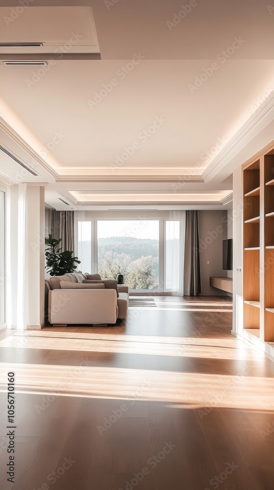A large open living room with a wooden floor and a window. The room is well lit and has a modern feel A large open living room with a wooden floor and a window. The room is well lit and has a modern feel