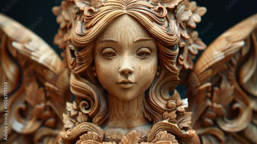 This detailed wooden carving of a serene angel with elaborate floral accents captivates viewers. This detailed wooden carving of a serene angel with elaborate floral accents captivates viewers.