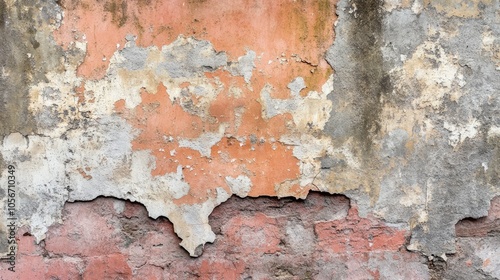 Weathered cement surface with areas of peeling paint and exposed brick