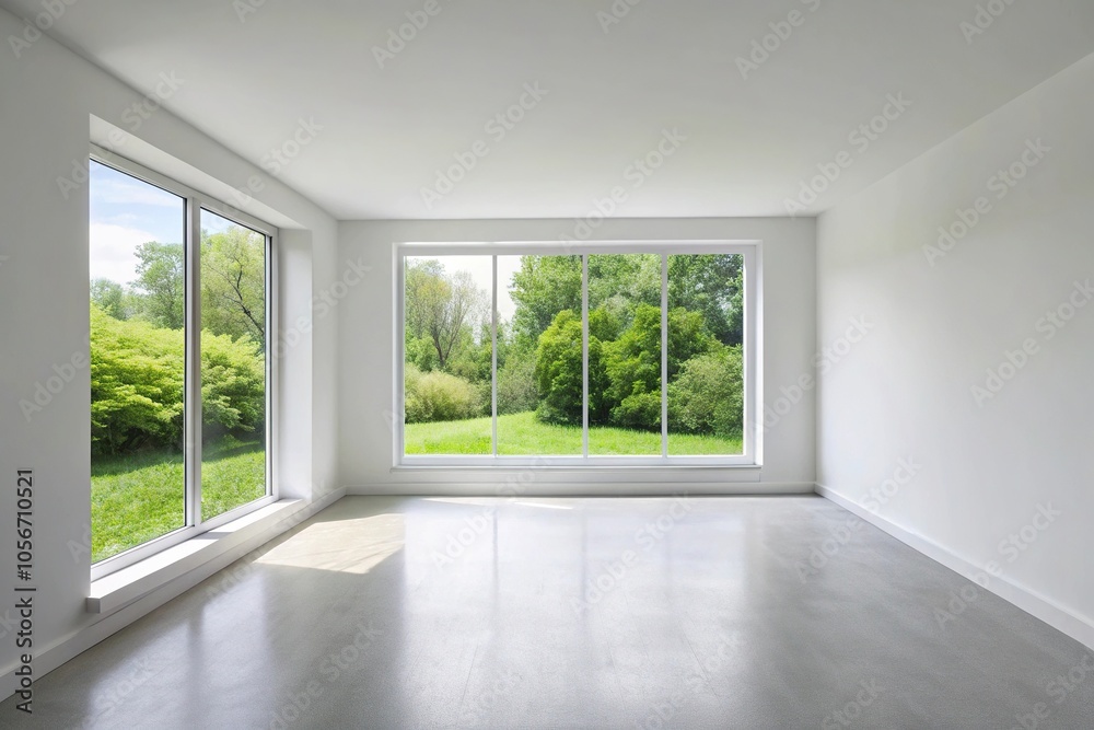 Minimalist white room with a single large window overlooking a park, simplicity, calmness, view, white Minimalist white room with a single large window overlooking a park, simplicity, calmness, view, white