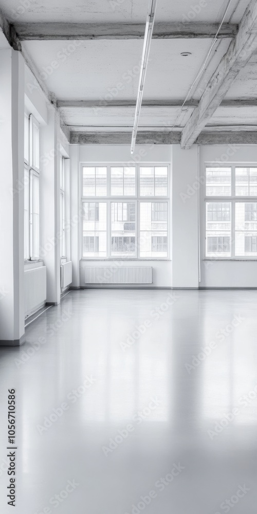 A large, empty room with white walls and a white radiator. The room is very clean and empty, with no furniture or decorations. The space is large and open