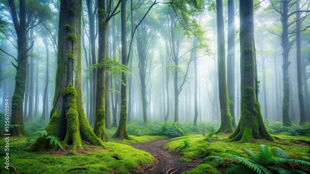 Fototapeta premium Misty morning in a dense forest with fog rolling in off the ground and tendrils of mist curling up tree trunks, mist, misty atmosphere, mystical ambiance, greenery, trees