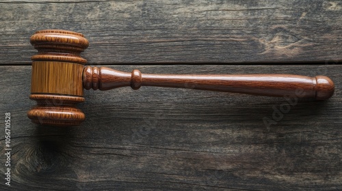 Wooden gavel resting on a dark textured wood surface representing themes of authority and justice with ample space for text photo