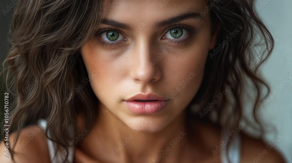 Closeup studio portrait of a beautiful woman with green eyes. Direct gaze. Skin care and cosmetics. A flawless complexion. Closeup studio portrait of a beautiful woman with green eyes. Direct gaze. Skin care and cosmetics. A flawless complexion.