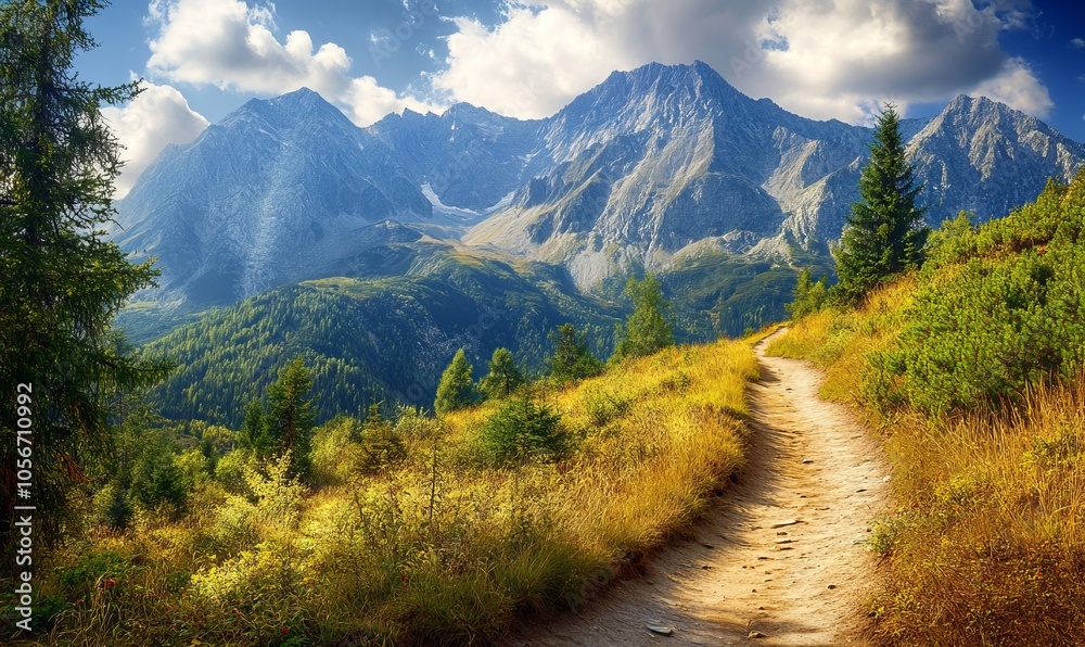 A rustic trail gently winds its way towards a majestic mountain range, dotted with a few lush trees along the path A rustic trail gently winds its way towards a majestic mountain range, dotted with a few lush trees along the path