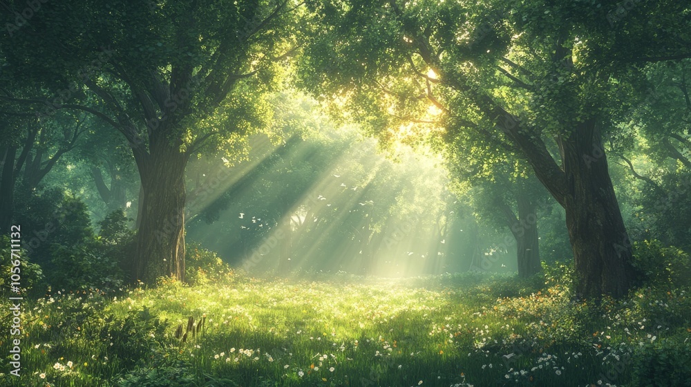 Sunbeams Illuminating a Lush Forest Clearing with Delicate White Flowers Sunbeams Illuminating a Lush Forest Clearing with Delicate White Flowers