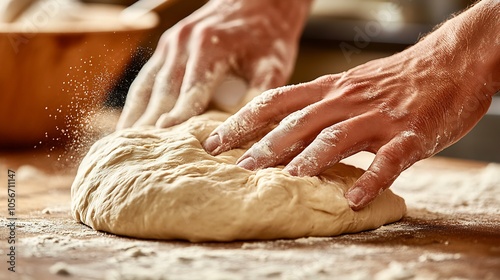 Man Kneading Dough in Rustic Kitchen for Homemade Artisan Bread : Generative AI