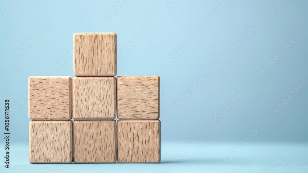 A minimalistic arrangement of wooden blocks showcases a simple geometric shape against a soft blue background.