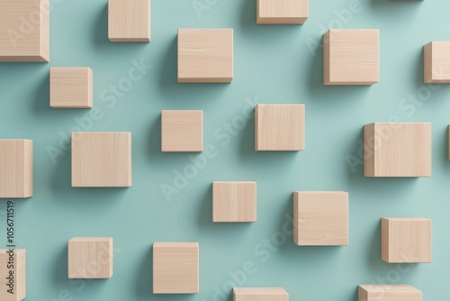 A cohesive arrangement of wooden blocks on a light blue background, showcasing modern design elements and textural contrast.