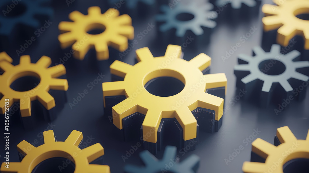 Colorful gears and cogs in steampunk style, showcasing intricate designs and textures. vibrant yellow and blue colors create striking visual contrast