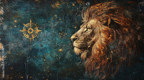 sign of the zodiac leo - portrait of a lion in a colorful universe with some galaxies and stars
