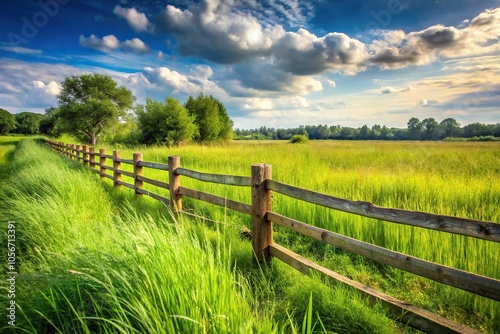 Rustic wooden fence bordering a lush green field with tall grass and shrubs, gates, countryside, nature