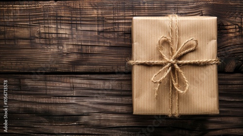 A brown box with a bow on top sits on a wooden surface. The box is wrapped in brown paper and has a string tied around it. Concept of anticipation and excitement