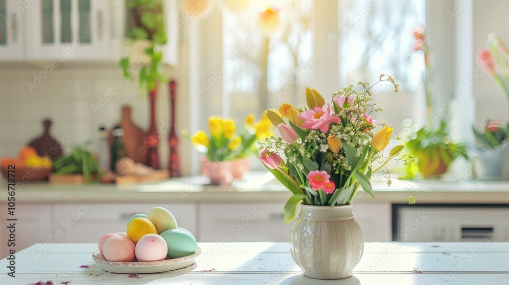Spring flowers and Easter eggs on white table with kitchen window in background