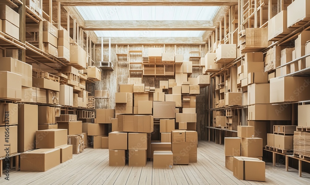 A building filled with cardboard boxes stacked on pallets, with hardwood flooring and varnished fixtures. This warehouse is used for storing building materials and composite materials A building filled with cardboard boxes stacked on pallets, with hardwood flooring and varnished fixtures. This warehouse is used for storing building materials and composite materials