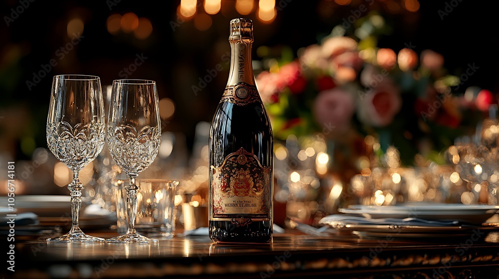 Modern-style images featuring wine bottles with crystal glass