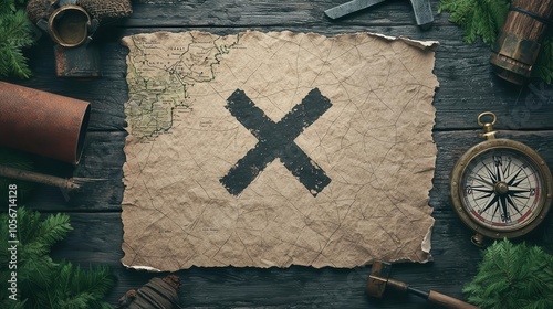 Treasure map with X marking the spot, laid on a table with old tools and compass, classic treasure hunt concept photo