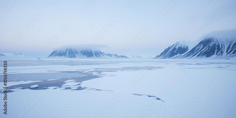 Snow covered mountains surround a frozen fjord in the arctic Spitsbergen, frozen, winter, Arctic Circle Snow covered mountains surround a frozen fjord in the arctic Spitsbergen, frozen, winter, Arctic Circle