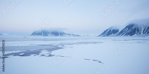 Snow covered mountains surround a frozen fjord in the arctic Spitsbergen, frozen, winter, Arctic Circle