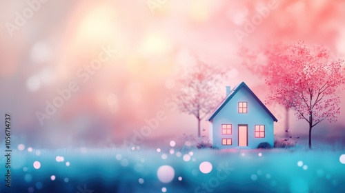 Whimsical watercolor artwork of a cozy house surrounded by trees and soft lighting effects