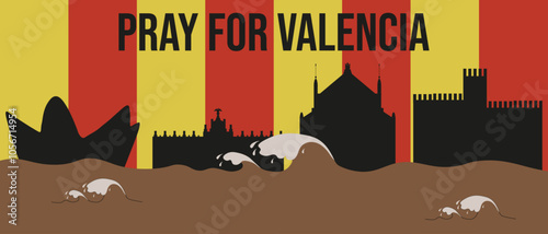 Big horizontal banner with Valencia landmark in the dirty water after storm. Disaster storm in Valencia. Vector illustration. 