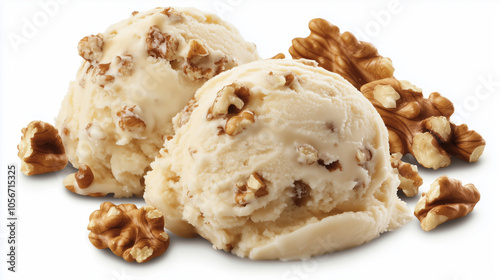 Walnut Ice Cream Delight: Two scoops of creamy vanilla ice cream, studded with crunchy walnuts, promise a sweet and nutty treat.