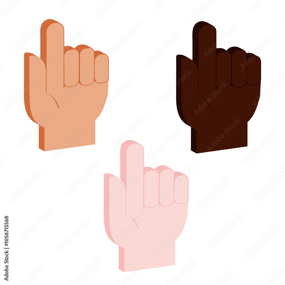 set of vector isometric palm icon with pointing finger in three skin colors set of vector isometric palm icon with pointing finger in three skin colors