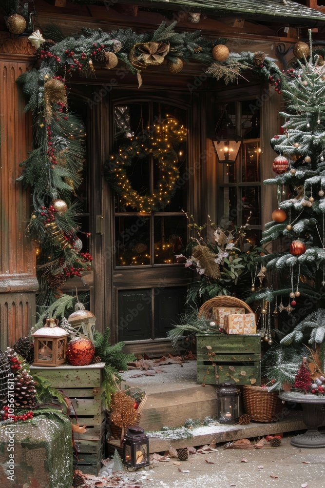 A cozy, festive scene with a wooden door adorned with a wreath and a Christmas tree