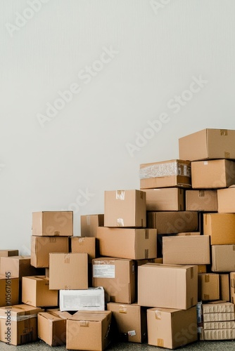 A stacked arrangement of various cardboard boxes against a plain wall background.