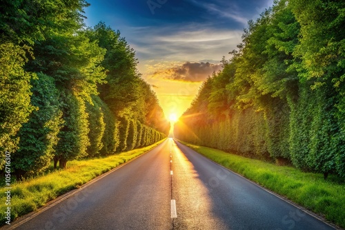 Empty Highway: Asphalt Road and Lush Green Roadside Bushes