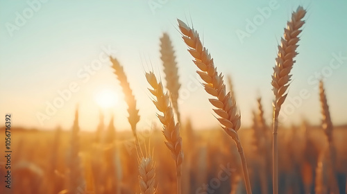 Golden wheat stalks in a field at sunset.