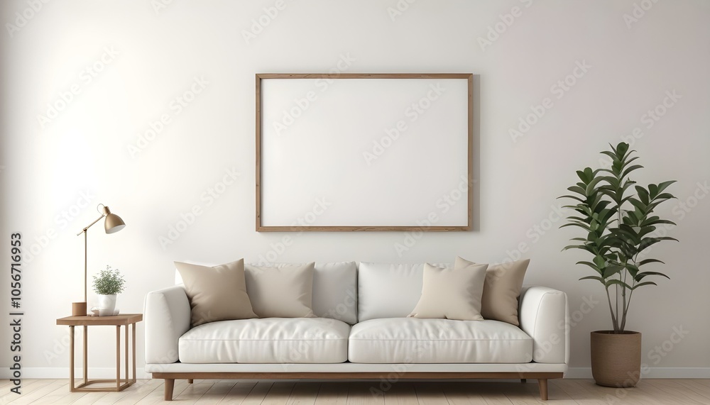 A minimalist living room with a white sofa, beige throw pillows, and a wooden frame on the wall A minimalist living room with a white sofa, beige throw pillows, and a wooden frame on the wall