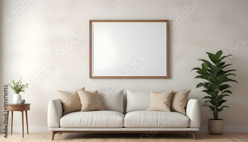 A minimalist living room with a white sofa, beige throw pillows, and a wooden frame on the wall