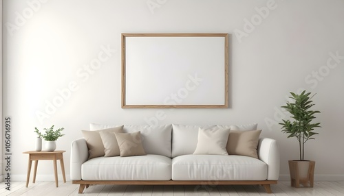 A minimalist living room with a white sofa, beige throw pillows, and a wooden frame on the wall