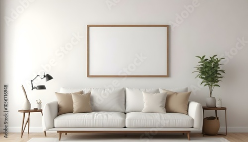 A minimalist living room with a white sofa, beige throw pillows, and a wooden frame on the wall