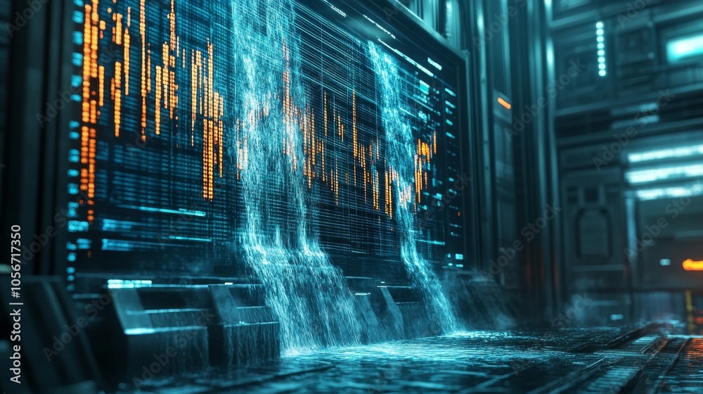 Futuristic Data Flow Visualization with Glowing Blue Water Cascade Futuristic Data Flow Visualization with Glowing Blue Water Cascade