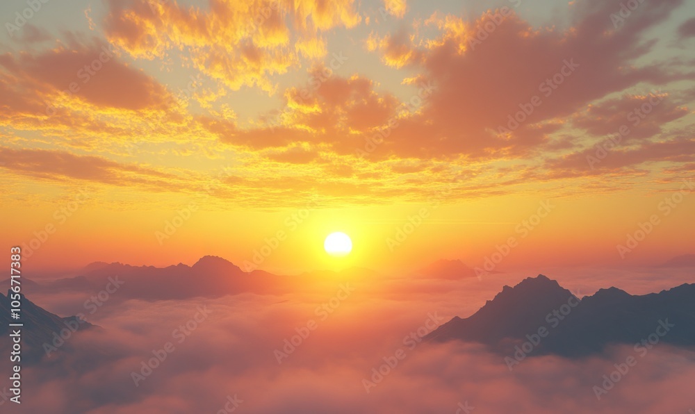 A stunning view of a glowing sunrise over a misty horizon, radiating warm orange and yellow hues in a serene atmosphere A stunning view of a glowing sunrise over a misty horizon, radiating warm orange and yellow hues in a serene atmosphere