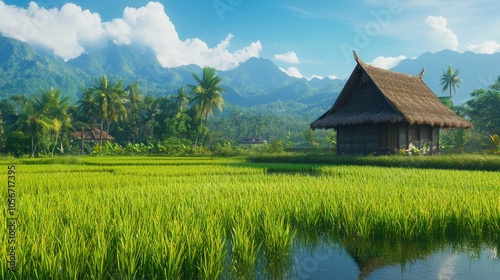 A scenic view of a traditional bamboo hut surrounded by expansive rice fields, with mountains