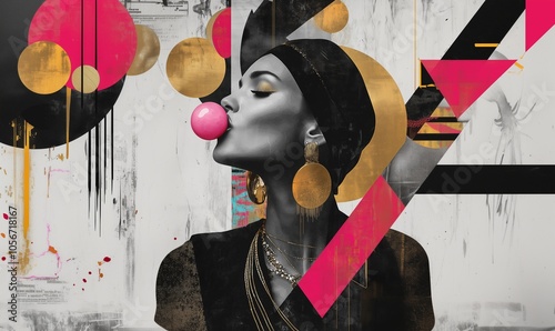 A stylish woman blows a bubblegum bubble against a vibrant urban backdrop, blending contemporary art with street culture