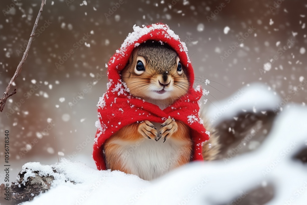 A squirrel in a red hat and it's snowing A squirrel in a red hat and it's snowing