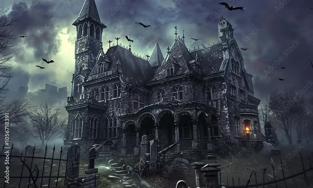 A haunting mansion with gothic architecture, surrounded by a graveyard and dark, ominous skies. A haunting mansion with gothic architecture, surrounded by a graveyard and dark, ominous skies.