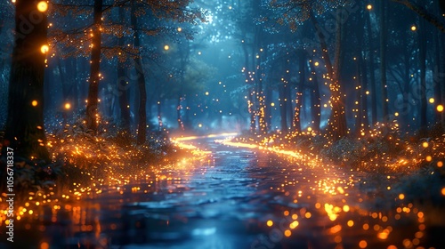 Enchanted Forest Path with Glowing Lights - Dreamy Night Scene