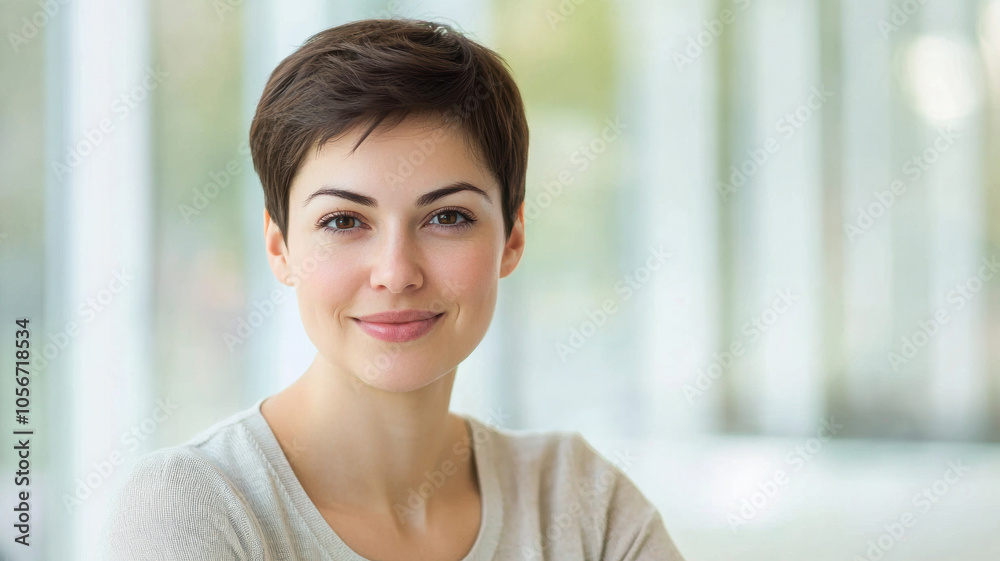 Professional headshot of a woman with short hair, wearing business casual attire, confident and approachable, bright and clean office background Professional headshot of a woman with short hair, wearing business casual attire, confident and approachable, bright and clean office background