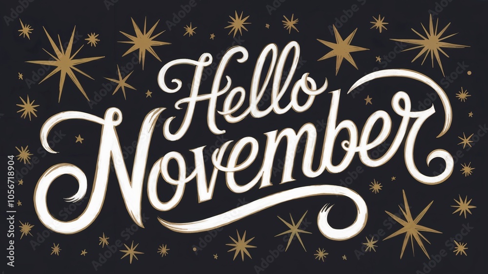 White Hello November lettering on black background with gold stars. White Hello November lettering on black background with gold stars.