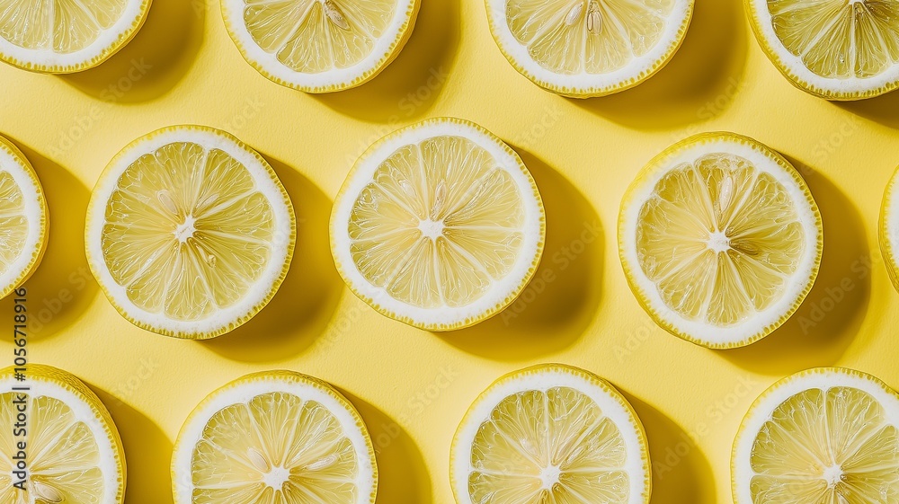 Lemon slices arranged on a yellow background. Lemon slices arranged on a yellow background.