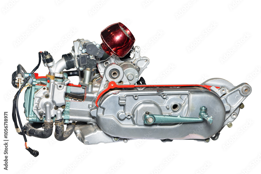 Scooter engine exhibiting intricate internal components on white background.